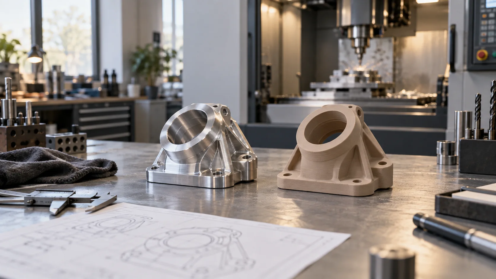Conceptual manufacturing scene with machined metal and 3D-printed prototypes on a workshop bench.