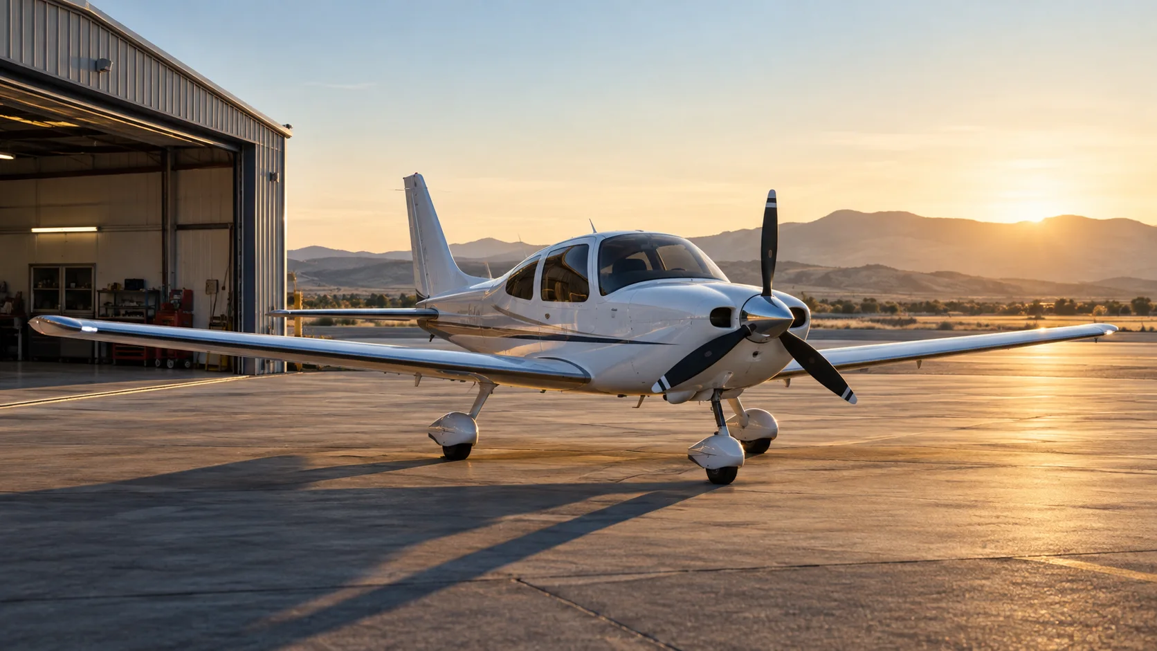 Conceptual club aviation scene with a light aircraft outside a hangar in morning sunlight.